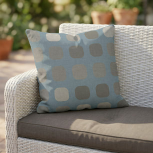 Taupe Grey Round Squares Pattern On Slate Blue Outdoor Pillow
