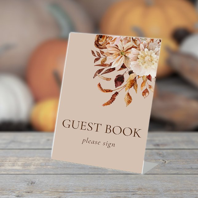 Taupe Guestbook Fall Leaves Pedestal Sign (Taupe Guestbook Fall Leaves Wedding Pedestal Sign by Painted Paperie
)