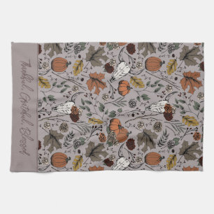 Taupe Harvest and Horns Thankful Grateful Blessed Kitchen Towel