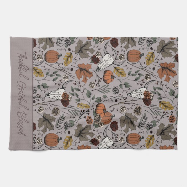 Taupe Harvest and Horns Thankful Grateful Blessed Kitchen Towel (Horizontal)