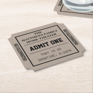 Taupe Home Theater Personalized Movie Ticket Paper Coaster