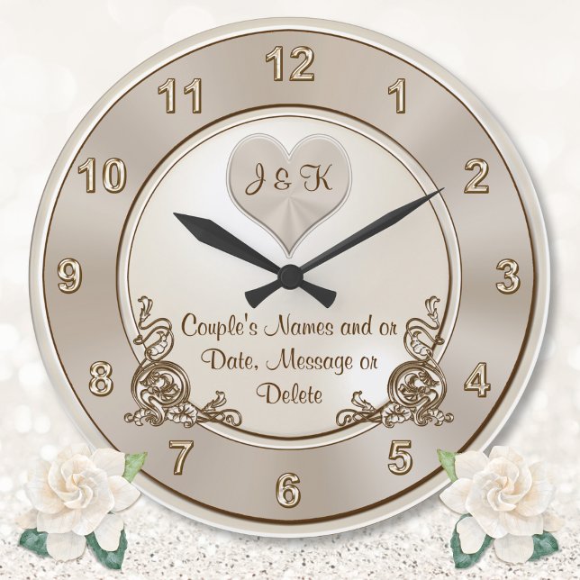 Taupe, Ivoire Champagne, Horloge murale Mariage (Engagement gift suggestions. Wedding wall clock. Personalised, marriage gift for sister, best friend)
