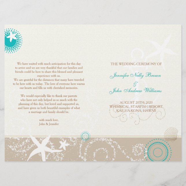 Taupe Ivory Aqua Beach Wedding Bi Fold Programme (Devant)