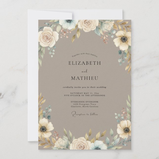 Taupe Ivory Bloom Wedding Invitation (Front)