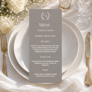 Taupe Ivory monogram wreath classic dinner wedding Menu