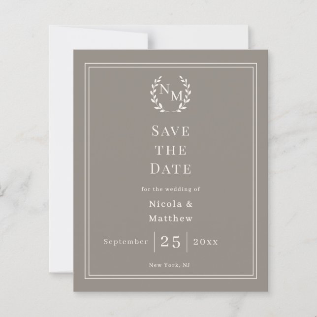 Taupe Ivory monogram wreath wedding Save the Date  (Front)