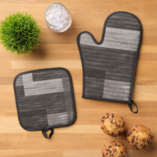 Taupe Jean patch Work Faux Burlap Oven Mitt & Pot Holder Set