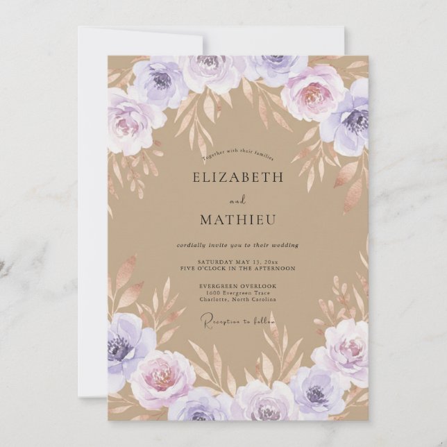 Taupe Lilac Painted Wedding Invitation (Front)