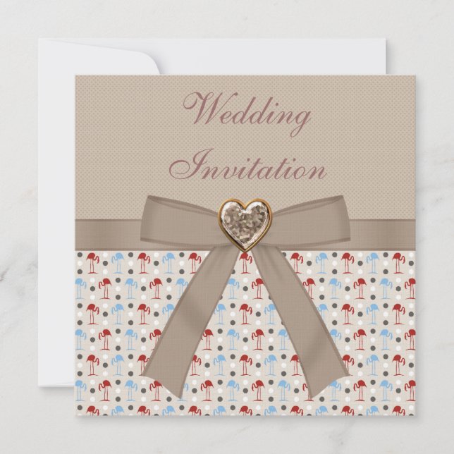 Taupe Linen Wonderland Flamingos Wedding Invites (Front)