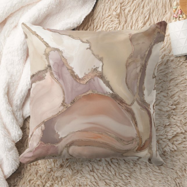Taupe marble and gold abstract throw pillow (Blanket)