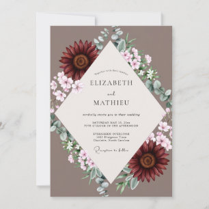 Taupe Maroon Sunflower Eucalyptus Wedding Invitation