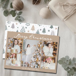 Taupe Merry Christmas Photo Collage 2025 Holiday Card<br><div class="desc">Elegant light brown Merry Christmas cards with chic handwritten scrawl above your family photo collage of your 5 favorite 2025 pictures. The beautiful back features a pattern of hand drawn pine and fire trees. Chic and contemporary taupe Christmas cards featuring one vertical photograph in the center and 4 square pictures...</div>