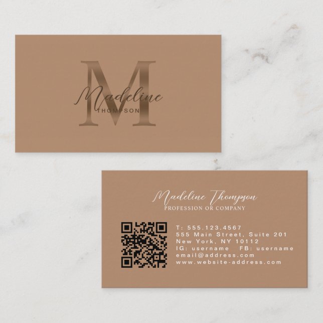 Taupe Metallic Brown Monogram Script QR Code Business Card (Front/Back)
