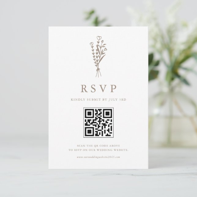Taupe Minimailist Floral Bouquet QR Code Wedding RSVP Card (Standing Front)