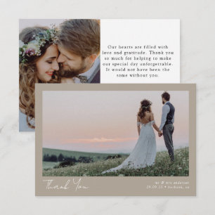 Taupe Minimalist 2 Photo Calligraphy Wedding Thank You Card