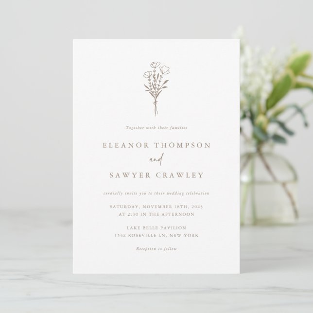 Taupe Minimalist Floral Bouquet QR Code Wedding Invitation (Standing Front)