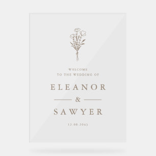 Taupe Minimalist Floral Bouquet Wedding  Welcome Acrylic Sign