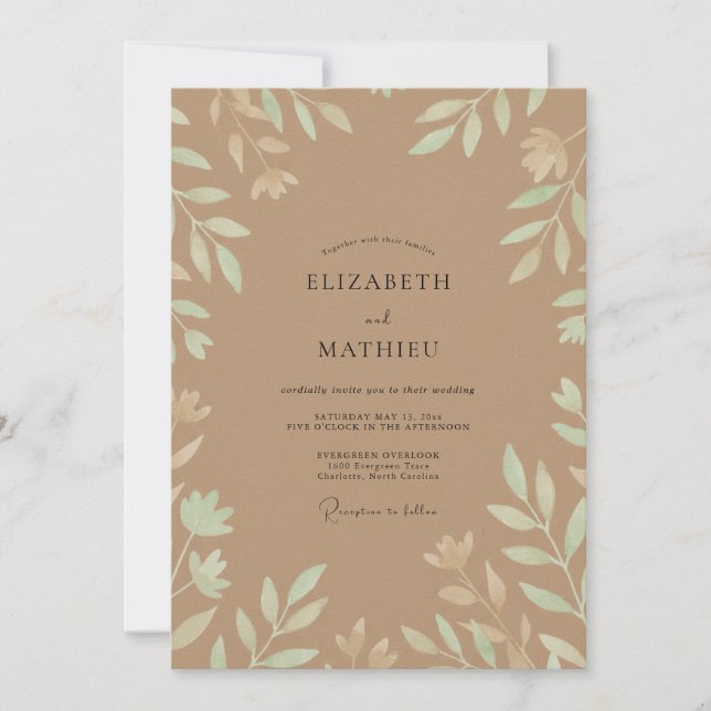 Taupe Mint Leafy Wedding Invitation (Front)