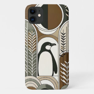 Taupe Mocha Abstract Grain Arcs Pattern Penguin iPhone 11 Case