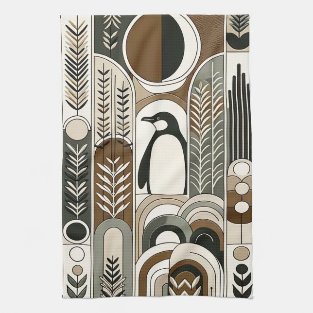 Taupe Mocha Abstract Grain Arcs Pattern Penguin Kitchen Towel (Vertical)
