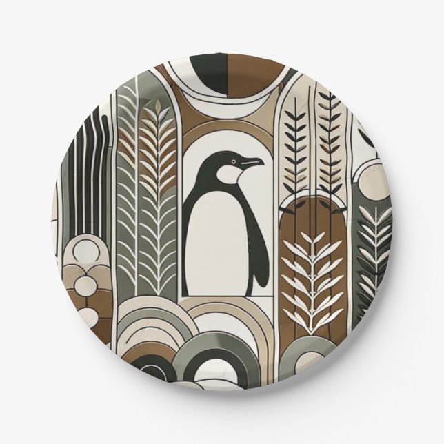 Taupe Mocha Abstract Grain Arcs Pattern Penguin Paper Plate (Front)