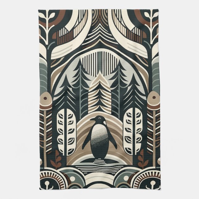 Taupe Mocha Ivory Penguin Forest With Arcs Trees  Kitchen Towel (Vertical)