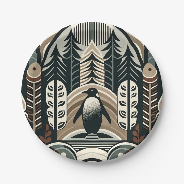 Taupe Mocha Ivory Penguin Forest With Arcs Trees  Paper Plate (Front)