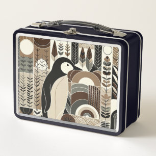 Taupe Mocha Ivory Penguin In Grain Forest Plants Metal Lunch Box