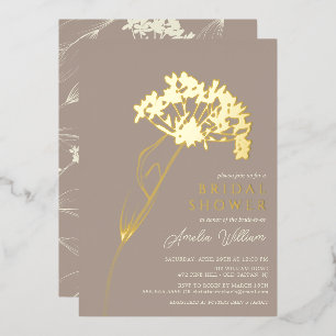 Taupe Modern Floral Bridal Shower Foil Invitation