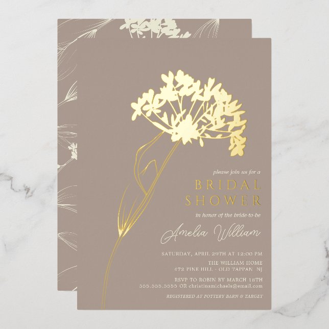 Taupe Modern Floral Bridal Shower Foil Invitation (Front/Back)