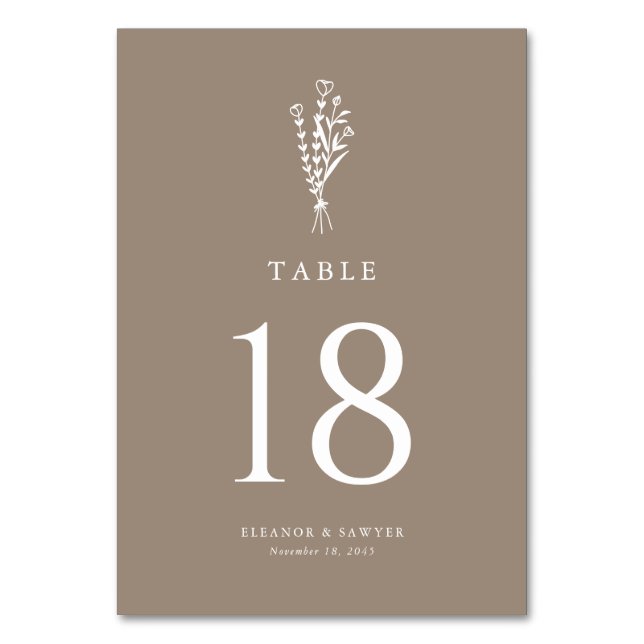 Taupe Modern Minimalist Floral Bouquet Wedding Table Number (Front)