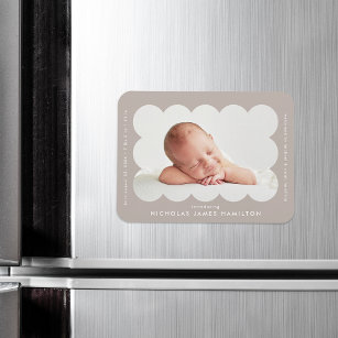 Taupe Modern Scalloped Frame Birth Announcement Magnet