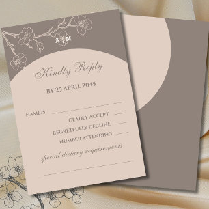 Taupe Monogram Floral Japandi Wedding RSVP Card