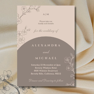 Taupe Monogram Floral Minimalist Japandi Wedding Invitation