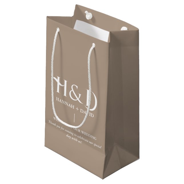 Taupe Monogram Wedding Welcome Guest  Small Gift Bag (Front Angled)