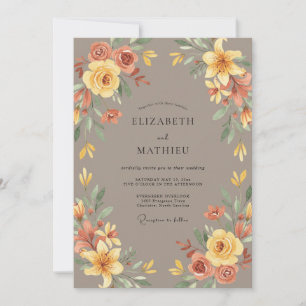Taupe Mustard Botanical Watercolor Wedding Invitation