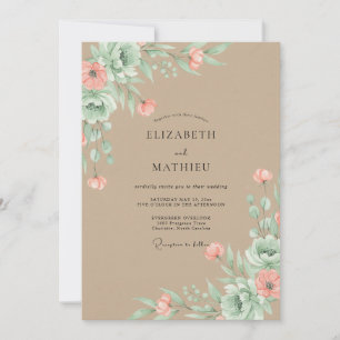 Taupe Muted Coral Petal Wedding Invitation