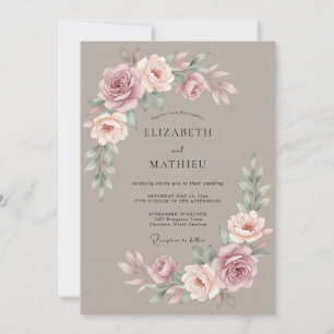Taupe Muted Floral Wedding Invitation