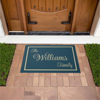 Taupe Navy Elegant Script Family Name Welcome Gift Doormat