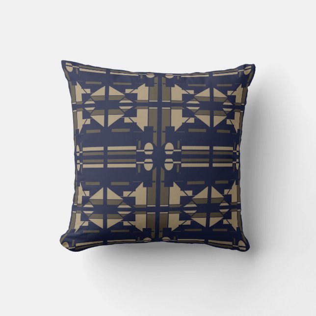 Taupe Navy Mediterranean Large Tile Mosaics Motif Throw Pillow (Front)