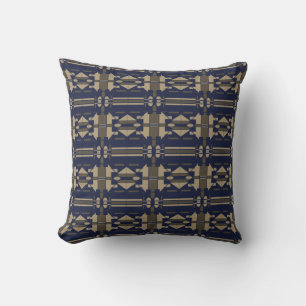 Taupe Navy Mediterranean Small Tile Mosaics Motif Throw Pillow
