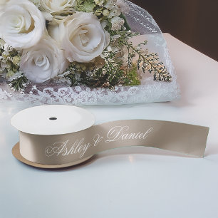 Taupe Neutrals Elegant Script Calligraphy Wedding Satin Ribbon