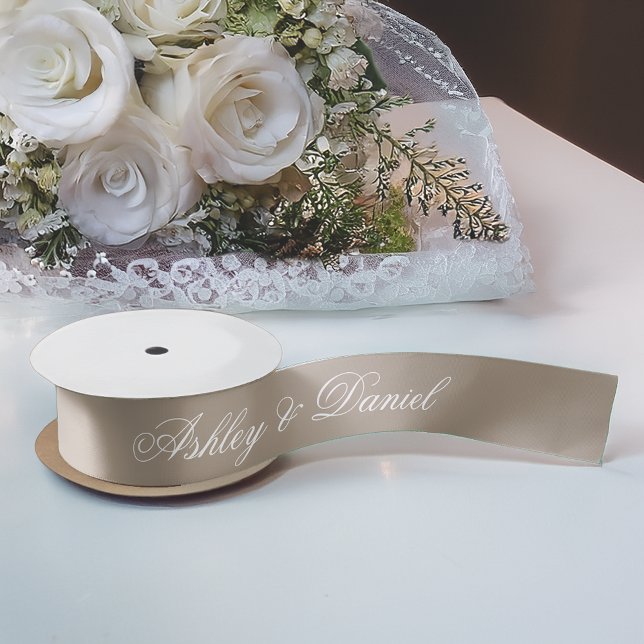 Taupe Neutrals Elegant Script Calligraphy Wedding Satin Ribbon (Creator Uploaded)