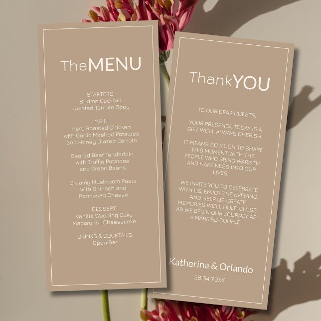 Taupe Old Money Wedding Menu Thank You Note (Creator Uploaded)
