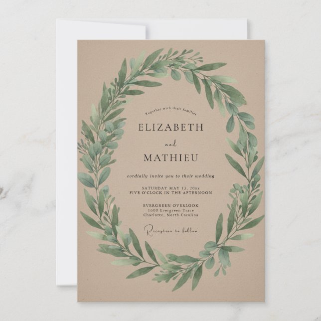 Taupe Olive Wreath Wedding Invitation (Front)