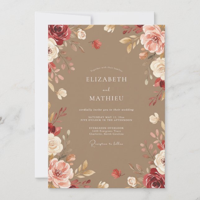 Taupe Painted Petal Wedding Invitation (Front)