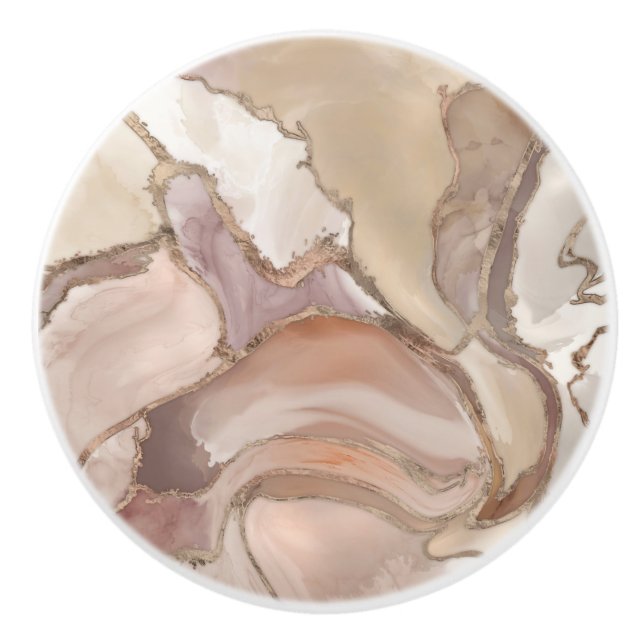 Taupe palette liquid marble and gold abstract ceramic knob (Front)