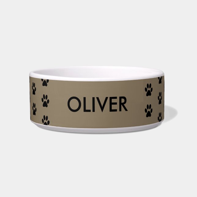Taupe Paw Print Pattern Personalized Name Pet Bowl (Front)