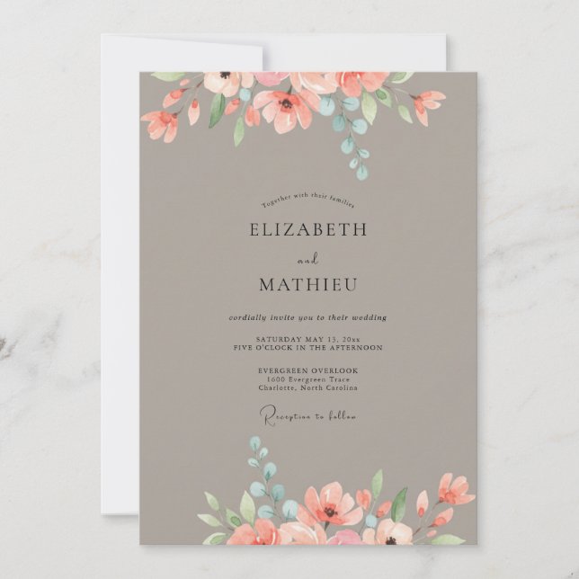Taupe Peach Peony Wedding Invitation (Front)