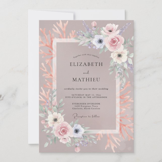 Taupe Peony Romantic Wedding Invitation (Front)